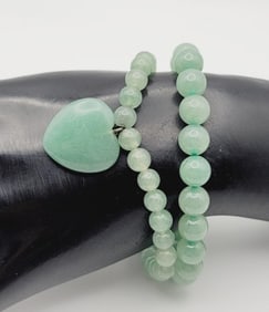 Pair of Vintage Green Aventurine Bead Bracelets Heart Bracelet Measures 6"