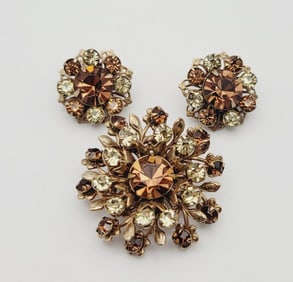 Vintage Amber and Green Rhinestone Earrings Brooch Bronze Tone Metal