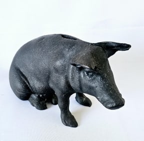Vintage Black Cast Iron Pig Bank One eye appears damaged. See photo #4. Unmarked.