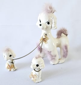 Vintage Porcelain Poodle Family with Real Fur No chips or cracks noted.