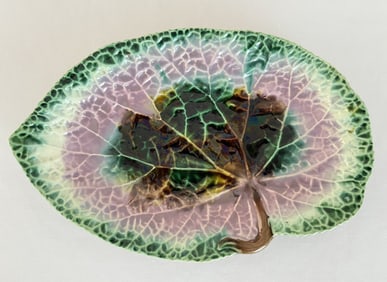 Antique Majolica Begonia Dish Approximately 8 x 11 inches. Crack in glaze on underside. Not visible