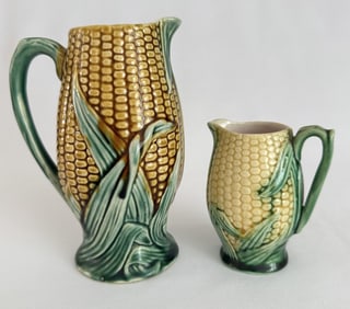 Vintage Shorter & Son Corn Cob Pitcher w Creamer Pitcher 6 inches tall. Creamer 3 inches tall. No