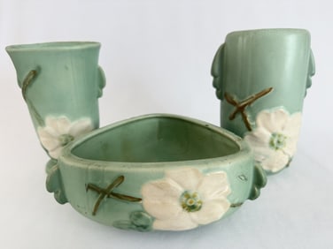 Vintage Weller pottery Vases and Bowl Lily Vases 6 and 7 inches tall. Bowl 6 inches wide 3 inches