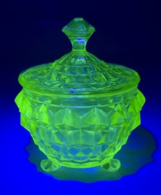 Uranium Glass Candy Dish Powder Jar 3 inches tall without lid. 4.5 inches bottom to top of lid