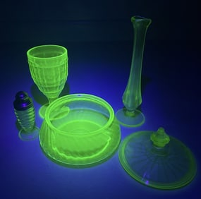 Uranium Glass Misc Mixed Lot Vase, goblet, unmatched lid, dish and salt/pepper shaker.  Some