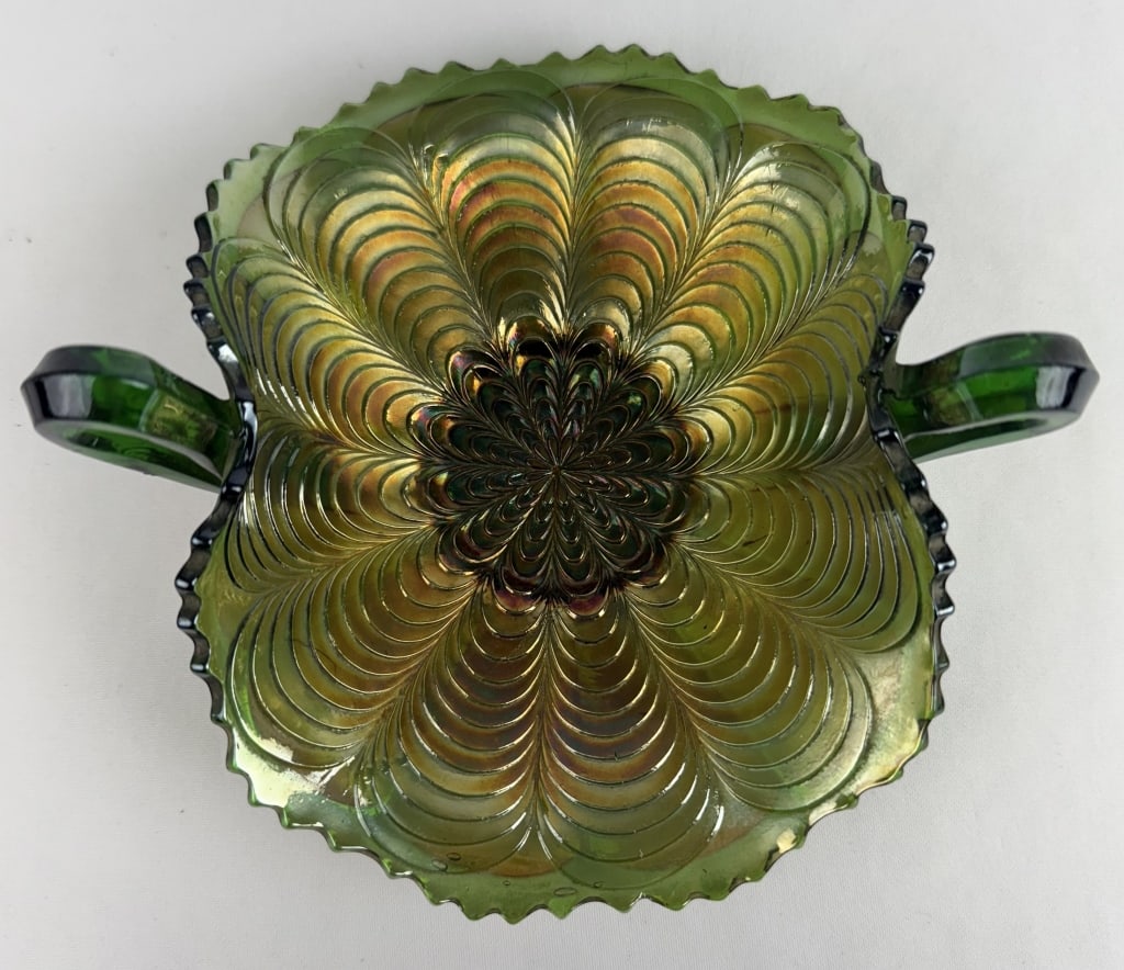 Fenton Art Glass Iridescent Basket Bowl 7 inches wide. No cracks.: 7 inches wide. No cracks.