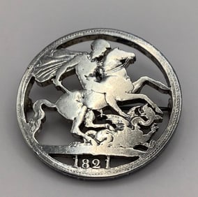 1821 Silver St. George The Dragon Slayer Cut Coin Brooch Pin  Brooch weighs 19.5 TGW Unmarked.
