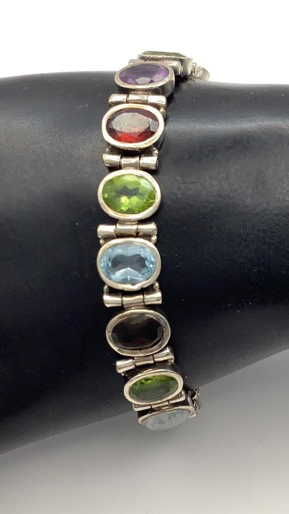 Vintage Silver Multi-Colored Stone Bracelet 23.2 TGW  Unmarked  Bracelet measures 7" (1 of 10)