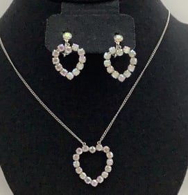 Vintage Aurora Borealis Heart Earrings & Necklace Earrings have sterling screw backs. Earrings are