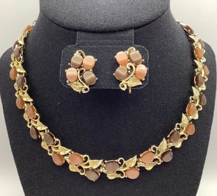 Vintage Brown Taupe & Brushed Gold Tone Leaf Necklace & Earrings