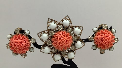 Vintage Carved Coral Beads & Crystals Earrings & Brooch Pin  Unmarked.