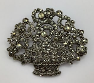 Signed Antique Silver Marcasite & Crystals Brooch Brooch weighs 13.2