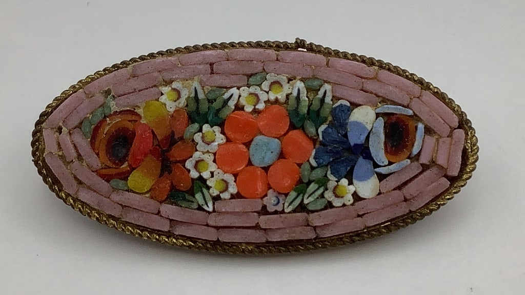 Antique Micro Mosaic Floral Brooch Pin Discoloration on the gold tone back. Unmarked. (1 of 7)