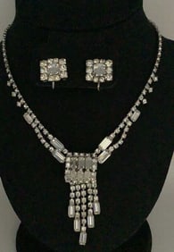Vintage Art Deco Rhinestone Necklace & Earrings Necklace measures 14" long. Unmarked.
