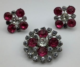 Vintage Red & Clear Rhinestone Brooch & Earrings Screw Back