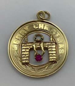 14K Yellow Gold & Ruby Merry Christmas Charm Pendant weighs 1.8 Grams