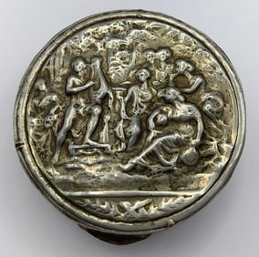 Embossed Silver Lyre Player Round Pill Trinket Box Made in Italy