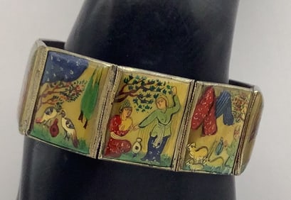 Antique Arabic Story Painted Enamel MOP Bracelet Mother of Pearl Bracelet