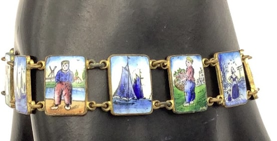 1940s Dutch Enamel Panel Bracelet Hand Painted Bracelet measures 6.5"