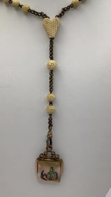 Antique Ladies Watch Fob Carved Bone & MOP Mother of Pearl Measures 17" long