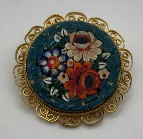 Vintage Micro Mosaic Gold Tone Brooch Pin Some discoloration on the gold.
