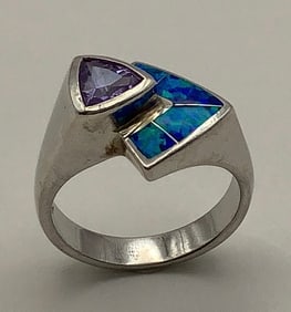 AK 925 Sterling St. Thomas Opal & Amethyst Ring Size 9 Ring weighs 7.5 TGW