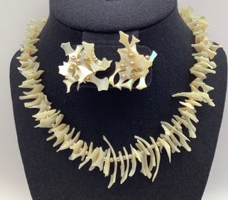 1970s Shell & Faux Pearl Necklace & Clip Earrings Japan  Necklace is 16"