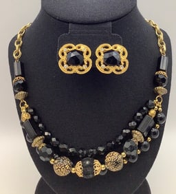Vintage Gold Tone & Black Beads Necklace Earrings Earrings are clip