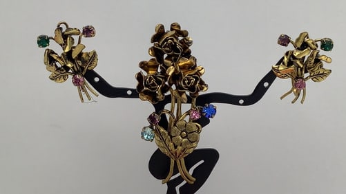 Vintage  Austria Flower Bouquet Rhinestones Set Brooch Pin & Earrings Brass metal