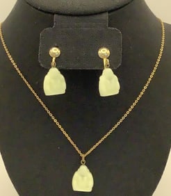 Composite Laughing Buddha Necklace & Earrings Vintage Set  Necklace measures 18" Unmarked
