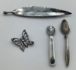 NE Sterling Leaf Lang Sterling Butterfly TKW Pins Sterling & Turquoise Spoon & Sterling Spoon