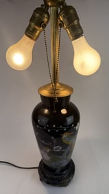 Chinoiserie Ceramic Table Lamp Birds Works. No cracks. Top filigree is bent. Lamp shade may not be