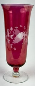 Vintage Etched Cranberry Glass Fluted Vase 10 inches tall by 4 inches wide at top. No cracks or