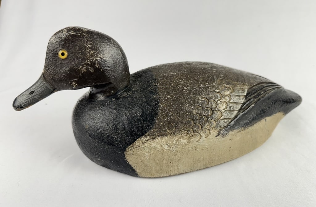 Bluebill Duck Wooden Decoy Some paint loss. Screw or nail holes on bottom.: Some paint loss. Screw or nail holes on bottom.