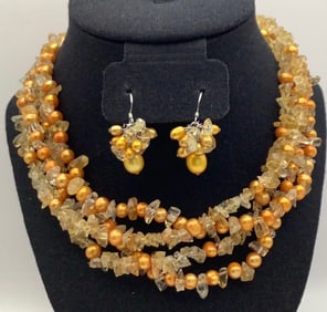 Ross Simmons 4 Strand Gold Pearl & Quartz Necklace & Earrings