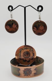 Flame Painted Copper Earrings Brooch Bracelet Bracelet Measures 5"