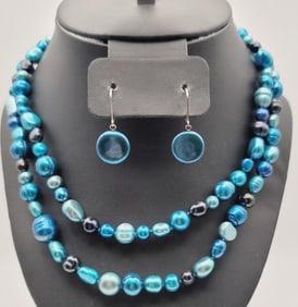 Honora Sterling Blue Pearl Necklace & Earrings Necklace Measures 36"