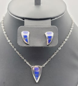 Vintage AG Sterling Lapis Necklace & Earrings Necklace Measures 16"