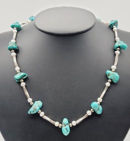 Vintage Sterling Silver Turquoise Necklace Necklace Measures 24"  Necklace Weighs 38.2 Grams