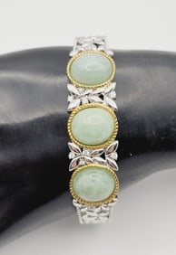 Sterling Silver Jade and Diamond Bracelet Bracelet Measures 5.5"  Bracelet Weighs 29.1 Grams