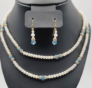 Vintage Faux Pearl and Blue Rhinestone Set Necklace Measures 35"  Gold Tone Metal