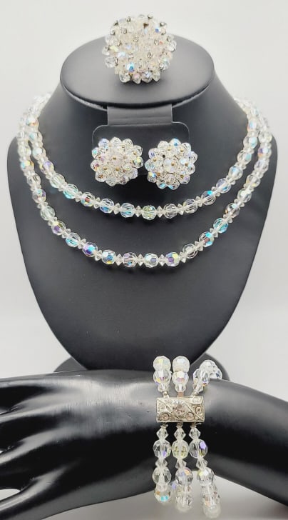 Vintage Iridescent Aurora Borealis Crystal Set Necklace Measures 56": Necklace Measures 56" Bracelet Measures 7.5" Silver Tone