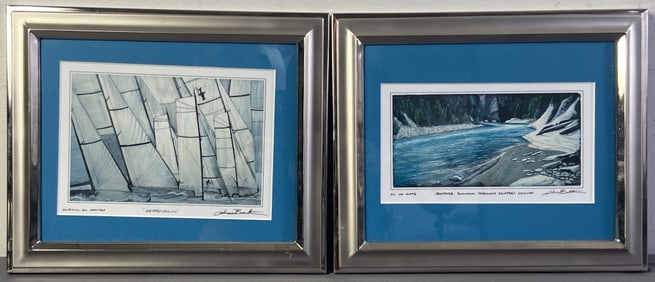 Signed Framed Art Lithographs in Blue Two framed art prints, entitled Adrenalin with sailboats and
