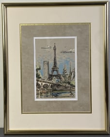 Eiffel Tower Paris Painting Signed WS Framed watercolor painting featuring the Eiffel Tower. Signed