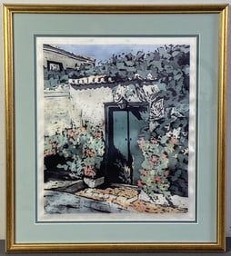 Framed Silk Scarf with Printed Garden Scene Garden scene in greens and pinks, matted and framed.