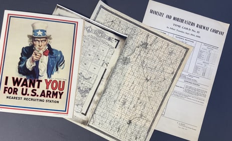 Paper Ephemera, Uncle Sam, MI Maps & Time Card Lot includes a Railway Time Card from 1977, map of