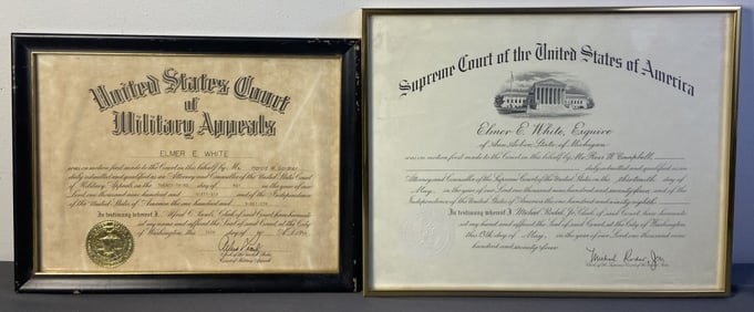 Supreme Court & Military Court Certificates Framed certificates from 1966 and 1974 from the US Court