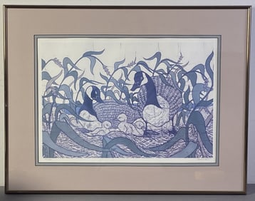Canada Goose Linocut Print Signed & Framed Linocut print in blues and greens of two Canada geese
