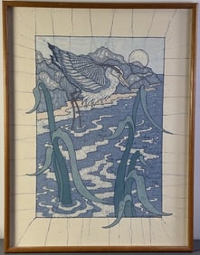 Crane Linocut Screenprint by Elizabeth Abuel Screenprint in fabric of a crane in the water in blues