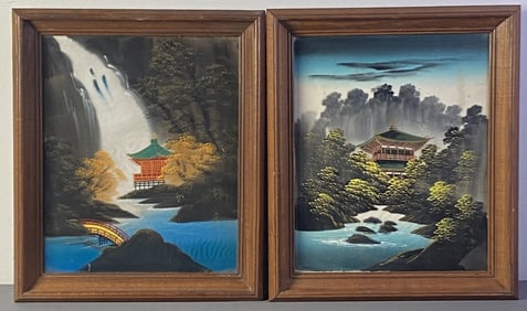 Japanese Pagoda Acrylic Paintings on Muslin Framed original paintings of pagodas in a natural